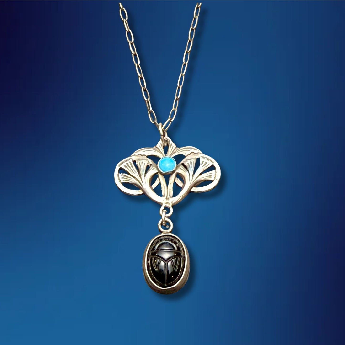 Egyptian Revival Lotus with Scarab and Turquoise Necklace