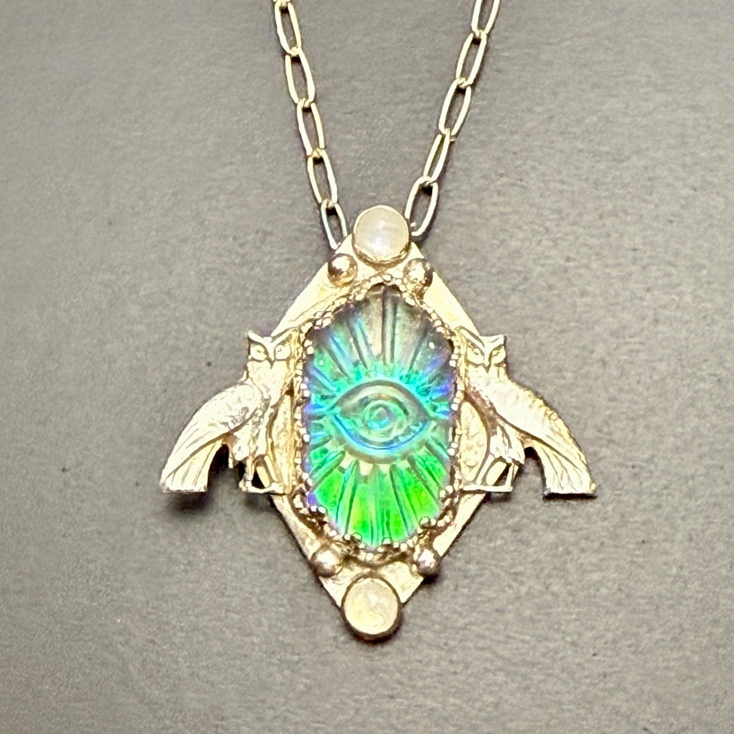 All Seeing Eye Synth Opal w/Owls Necklace