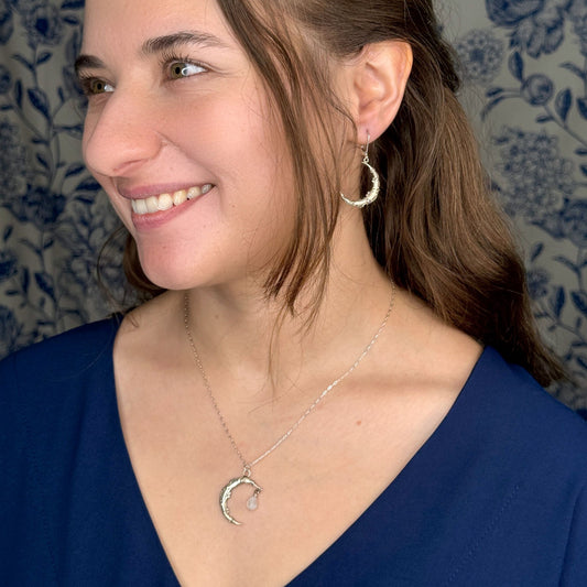 Art Nouveau Victorian Crescent Moon with Moonstone Drop Necklace