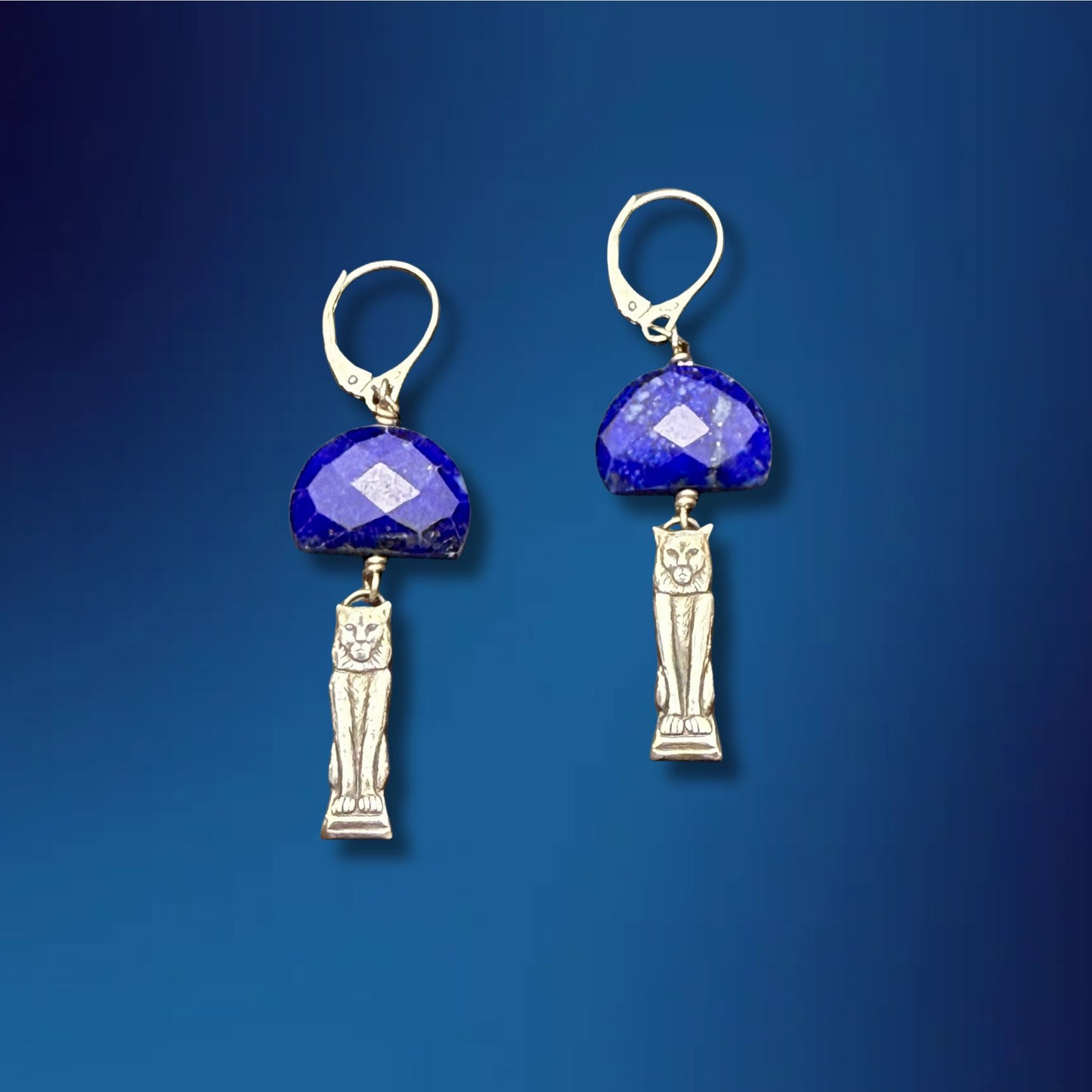 Egyptian Revival Lion Statuette with Lapis Earringsw