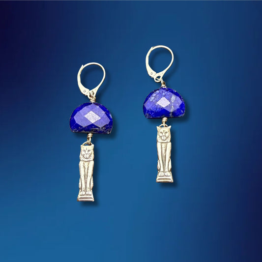 Egyptian Revival Lion Statuette with Lapis Earringsw