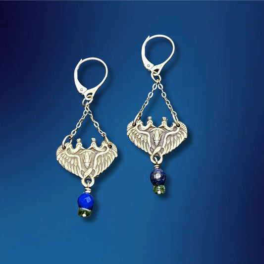 Egyptian Revival Crowned Cranes with Lapis Earrings