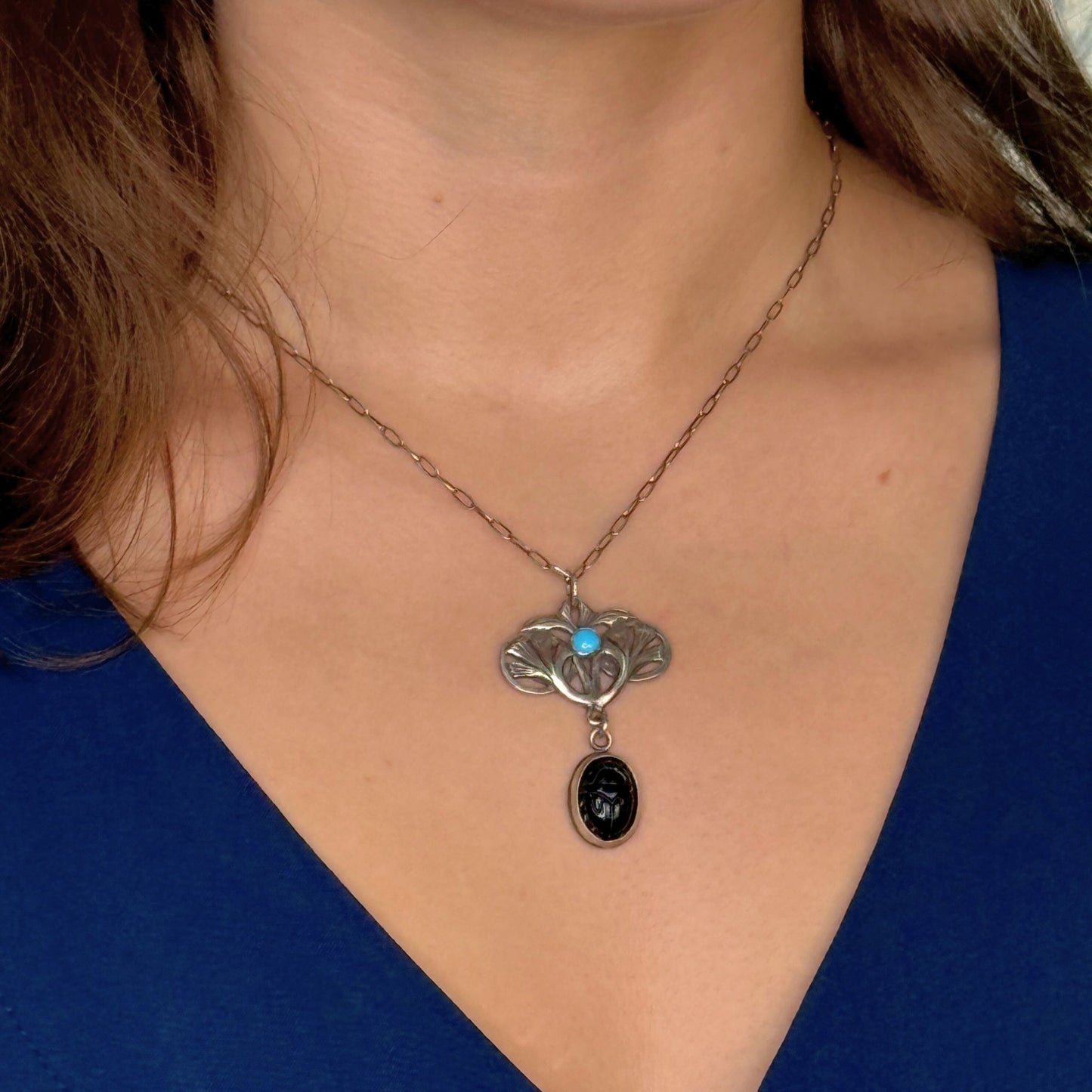 Egyptian Revival Lotus with Scarab and Turquoise Necklace