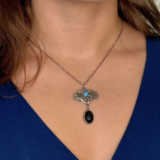 Egyptian Revival Lotus with Scarab and Turquoise Necklace