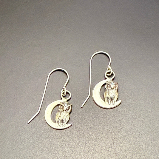Owl on Crescent Moon Earrings