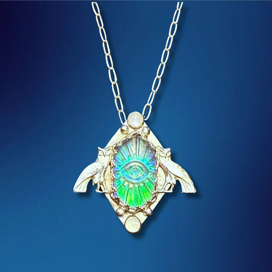 All Seeing Eye Synth Opal w/Owls Necklace