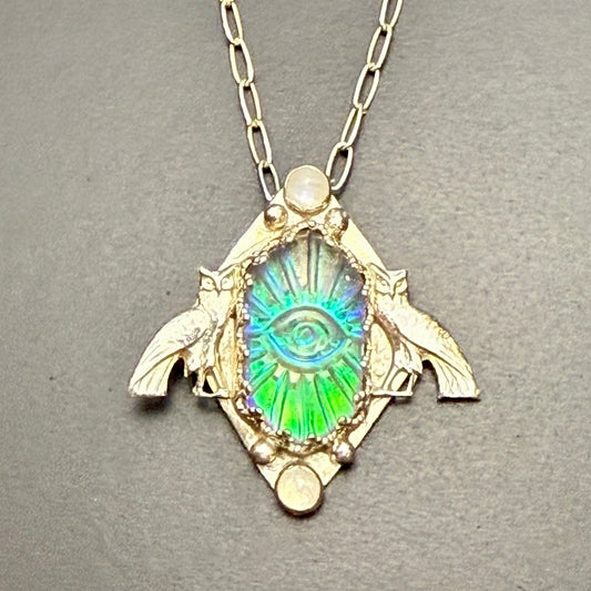 All Seeing Eye Synth Opal w/Owls Necklace
