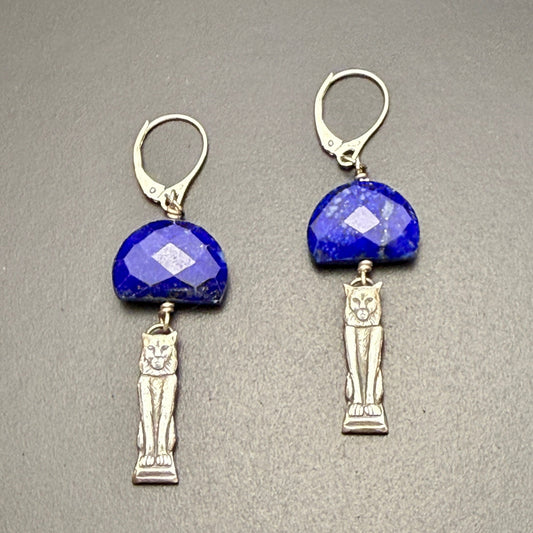 Egyptian Revival Lion Statuette with Lapis Earringsw