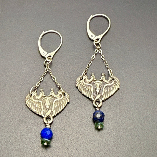 Egyptian Revival Crowned Cranes with Lapis Earrings